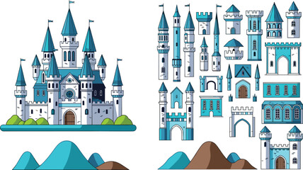 Fantasy castle vector set featuring medieval towers, fortress buildings and architectural elements in fairytale style for game and story design © jafrine
