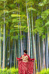 Obraz premium Japanese woman in an elegant red kimono, gracefully walking through a lush bamboo forest during the golden hour - Bamboo forest at Arashhiyama district in Kyoto, Japan