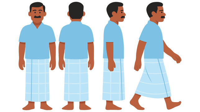 Indian man character creation set full length front side back view walk poses.