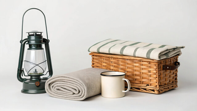 Cozy items for a camping trip with a lantern, blanket, cup, and basket prepared for outdoor use