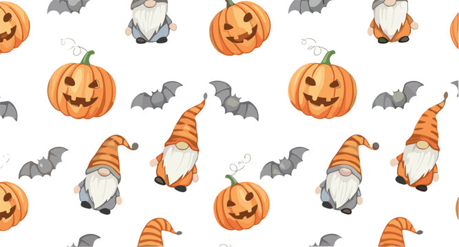 Halloween gnome seamless pattern vector featuring pumpkins, bats and cute autumn characters, festive spooky background design for fabric, wrapping and seasonal decoration