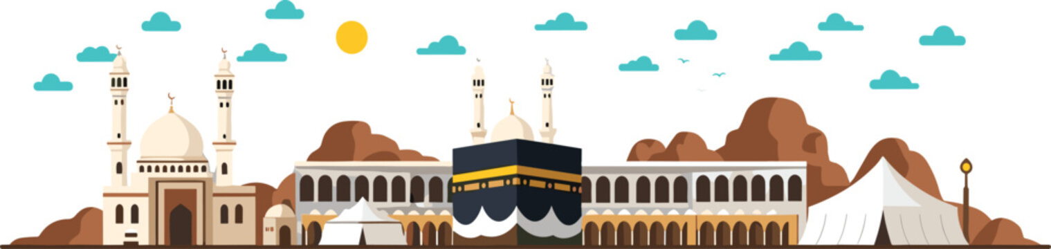 Kaaba and Mecca skyline vector illustration with Muslim pilgrims in ihram, Hajj pilgrimage concept with mosque architecture and desert landscape isolated background