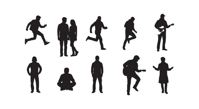Set of diverse human activity silhouettes featuring people walking running sitting playing guitar in black vector.