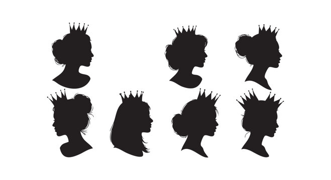 Set of eight princess silhouettes with tiaras showing different hairstyles and profiles in black and white.