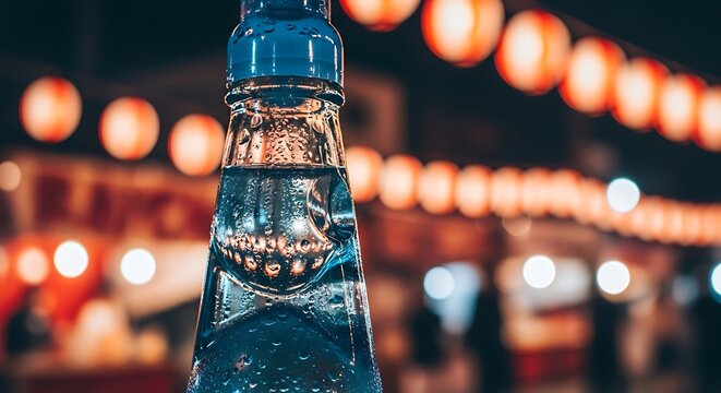 Ramune soda bottle glowing under festival lights with condensation on blue-tinted glass