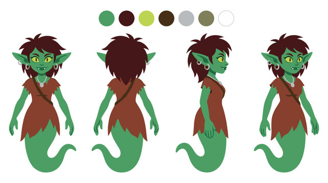 Green goblin girl character sprite sheet for game design and fantasy.