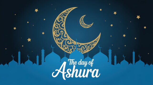 Islamic holiday Ashura background with crescent moon and mosque silhouette