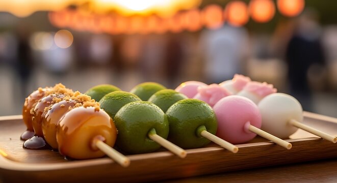 Colorful dango skewers on display at outdoor festival with mitarashi glaze and matcha.