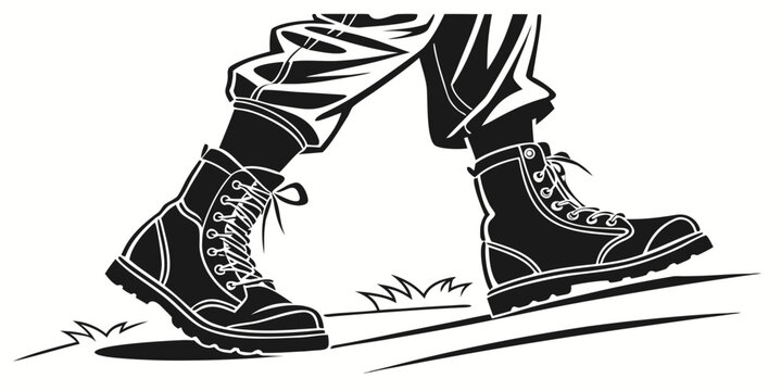 Black and white graphic of military combat boots walking with military marching footwear tactical training exercise movement infantry illustration conceptual equipment adventure climbing