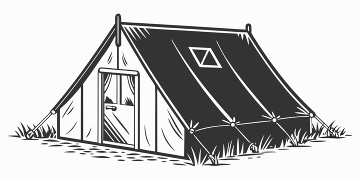 A-frame camping tent for outdoor adventure with adventure wilderness vacation recreation basecamp temporary entrance equipment expedition campingground structure illustration silhouette