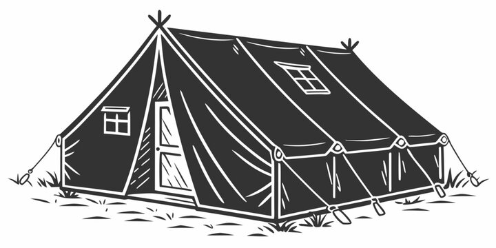 Portable large camping tent structure with adventure wilderness vacation recreation basecamp temporary entrance equipment expedition campingground structure illustration silhouette