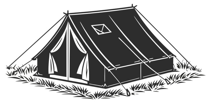 Monochrome open front camping tent line art with adventure monochrome illustration basecamp vacation wilderness equipment isolated entryway curtains exploration mountains activity