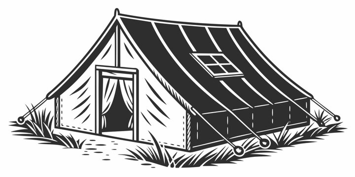 Rustic canvas tent with open entrance graphic adventure monochrome illustration basecamp vacation wilderness equipment isolated entrance exploration mountains activity recreation