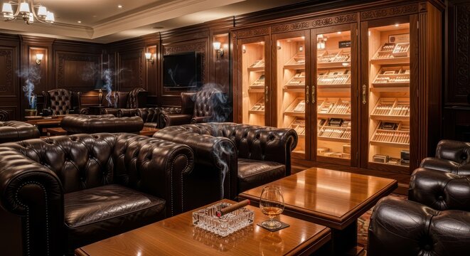 Luxurious lounge featuring plush leather chairs and a glass humidor filled with premium cigars.