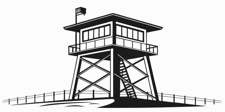 Black and white vector illustration of a fire lookout tower standing on a grassy hill with a fence watchtower observation wilderness building illustration monochrome isolated landscape