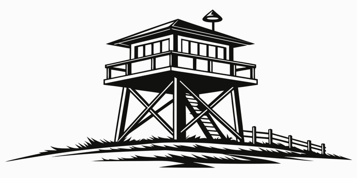 Detailed black and white graphic icon of a forest fire lookout tower on a hill with a wooden fence watchtower observation building wilderness illustration monochrome isolated landscape