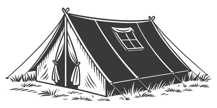 Monochrome detailed camping tent illustration with adventure monochrome illustration basecamp vacation wilderness equipment isolated exploration mountains activity recreation campsite