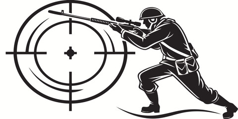 Graphic illustration of a soldier aiming a sniper rifle at a circular target with military tactical crosshair illustration silhouette shooting marksmanship precision operation security © boi