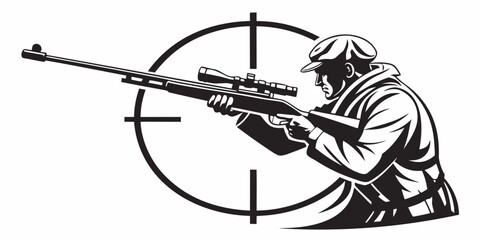 Side view illustration of a sniper focusing through a scope at a target with military crosshair tactical marksman illustration silhouette shooting precision security operation infantry © boi