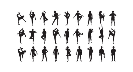 Fototapeta premium Set of human silhouettes in various yoga and fitness exercise poses isolated on white background vector art.
