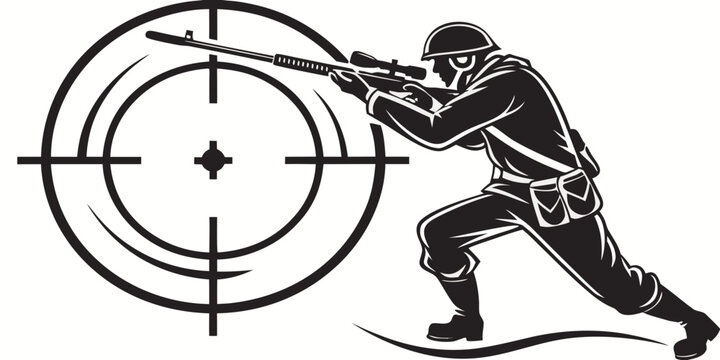 Graphic illustration of a soldier aiming a sniper rifle at a circular target with military tactical crosshair illustration silhouette shooting marksmanship precision operation security