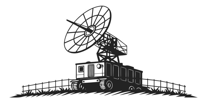 Military radar surveillance vehicle black and white illustration with surveillance military tracking communication technology security detection electronic tactical transport equipment
