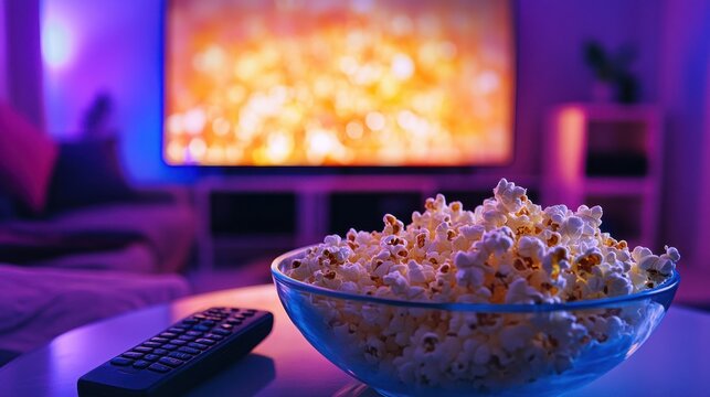 Bowl of popcorn and television remote in a cozy home movie night setting