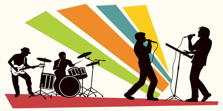 Musical rock band silhouette performing on stage with colorful retro background graphic musicians silhouette performance guitarist keyboardist entertainment instruments microphone keyboard