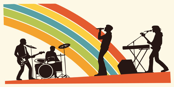 Retro style graphic of a live music band with rainbow background silhouette musicians guitarist keyboardist performance entertainment festival illustration colorful musicband instrument