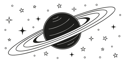 Black and white graphic planet saturn with rings and stars astronomy universe illustration celestial exploration astrophysics minimalist isolated creative template blackwork © boi