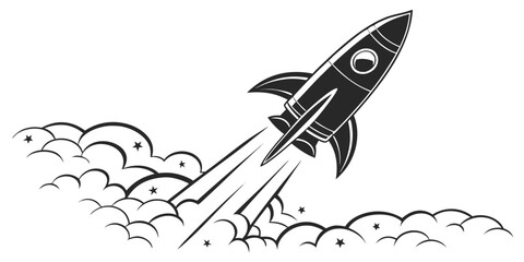Monochrome graphic illustration of a rocket ship blasting off into space with explosion exploration illustration silhouette minimalist technology aerospace propulsion astronomy universe © boi