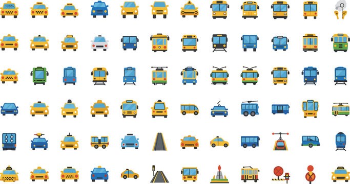 Colorful Urban Public Transport Mega Icon Set with Taxi Bus Tram Trolley School Bus and Road Vector Collection