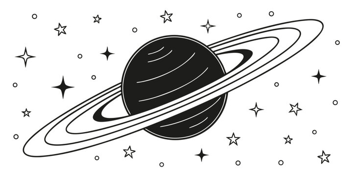 Black and white graphic planet saturn with rings and stars astronomy universe illustration celestial exploration astrophysics minimalist isolated creative template blackwork