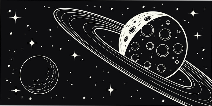 Graphic illustration of a planet with rings and a small moon in a starry night sky science fiction astronomy universe celestial illustration astrophysics exploration creative atmosphere