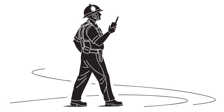 Police officer silhouette walking while holding a radio transceiver with walkie talkie policeman enforcement communication security authority policing official silhouette illustration