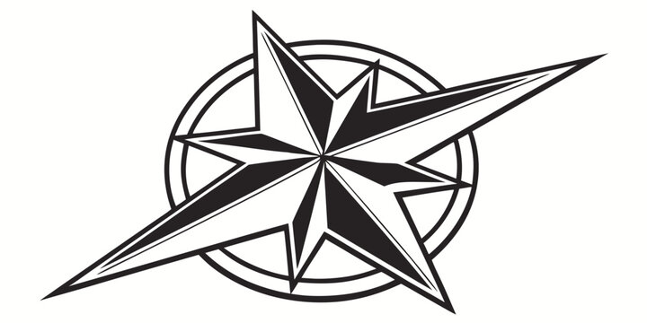 Stylized compass rose star graphic illustration in black and white with navigation direction isolated nautical adventure geometry minimalist branding template creative monochrome abstract