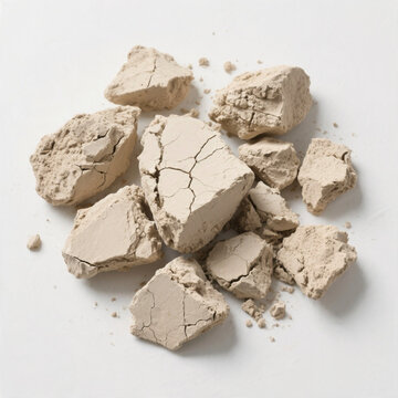 Broken Natural Fuller&rsquo;s Earth Clay Pieces on White Background &ndash; Raw Multani Mitti Mineral Texture