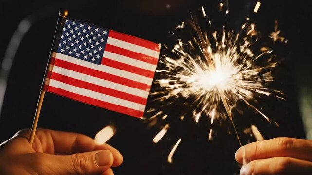 Hands holding a small American flag and a lit sparkler on a dark background at night