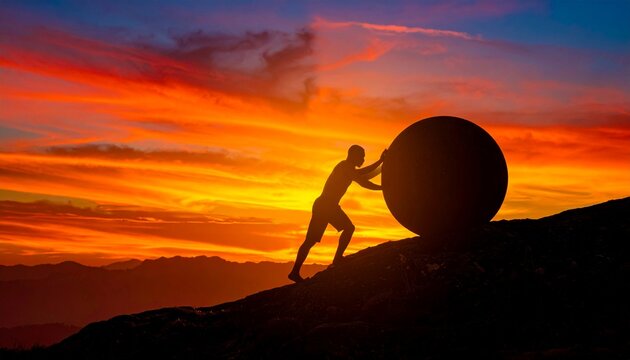 Silhouette Pushing Boulder Uphill Showcasing Perseverance, Struggle, and Motivational Conceptual Photography Design