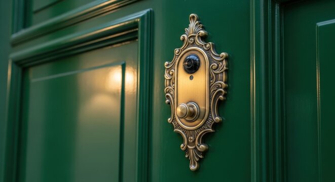 Ornate antique brass doorbell with discreet integrated camera on a classic green door