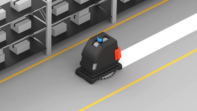 Cleaning robot moving along shelves, cleaning dirt on the floor and leaving a white line behind it, 3d render with alpha channel.