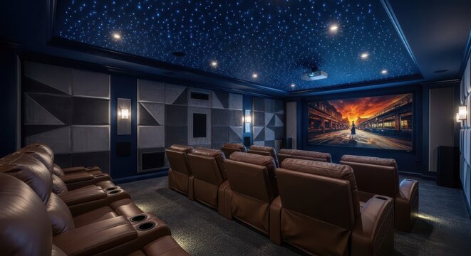 Luxurious private home cinema room features comfortable leather recliners and a starry ceiling design.