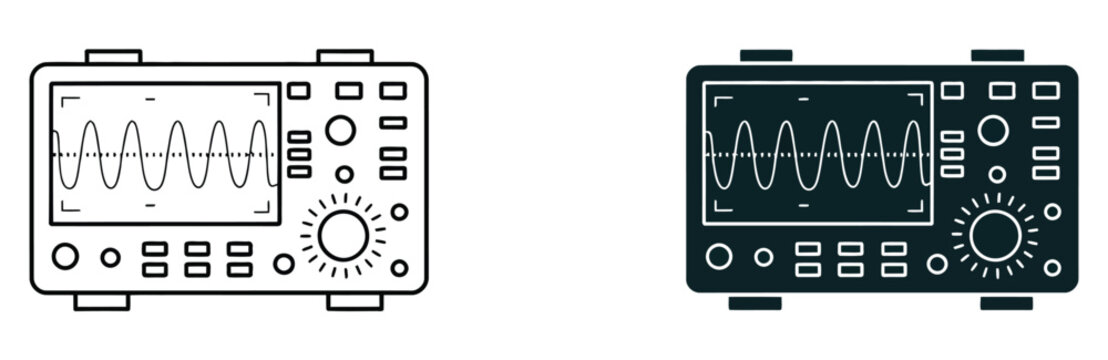 Oscilloscope icons in black and white on a pure white background, modern outline style collection representing electronic measurement tools