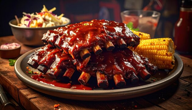 A succulent rack of smoky barbecue pork ribs glazed in thick tangy sauce, served alongside fresh coleslaw and golden corn on the cob on a dark rustic wooden table for a hearty dinner feast.
