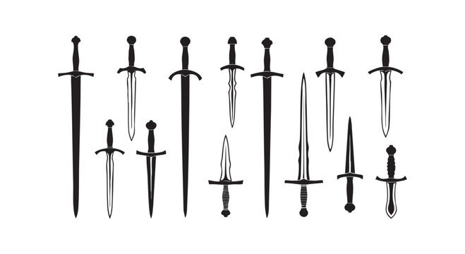 Set of medieval swords and daggers silhouettes with different blade shapes for historical weapon collection illustration.