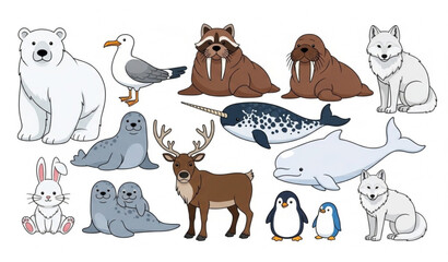 Arctic and Ocean Animals Collection Featuring Walrus, Penguin, Narwhal, Seal, and Reindeer for Wildlife, Nature, and Animal Illustrations © MeheDi