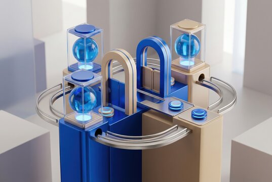 Intricate abstract design featuring geometric shapes and translucent elements with blue spheres illuminating a futuristic landscape reflecting innovation and digital possibilities