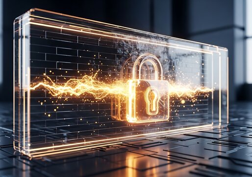 A transparent rectangular prism with a glowing padlock