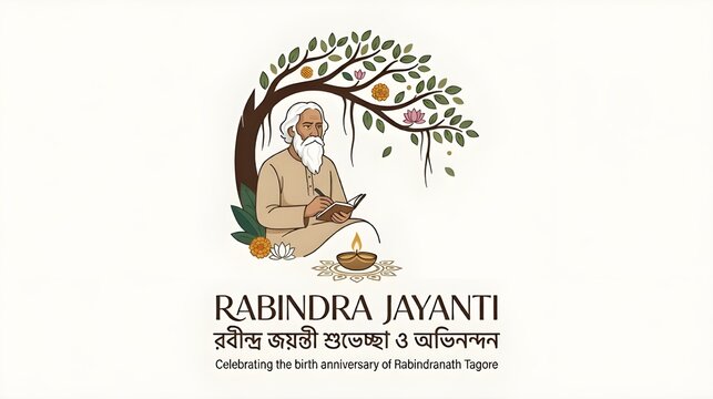 Rabindra Jayanti Greeting Vector Illustration Celebrating the Birth Anniversary of Rabindranath Tagore with Poet Writing and Lotus Flowers