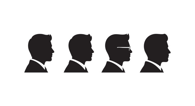 Set of side view black head silhouettes of businessman showing male profile portraits isolated on white background.